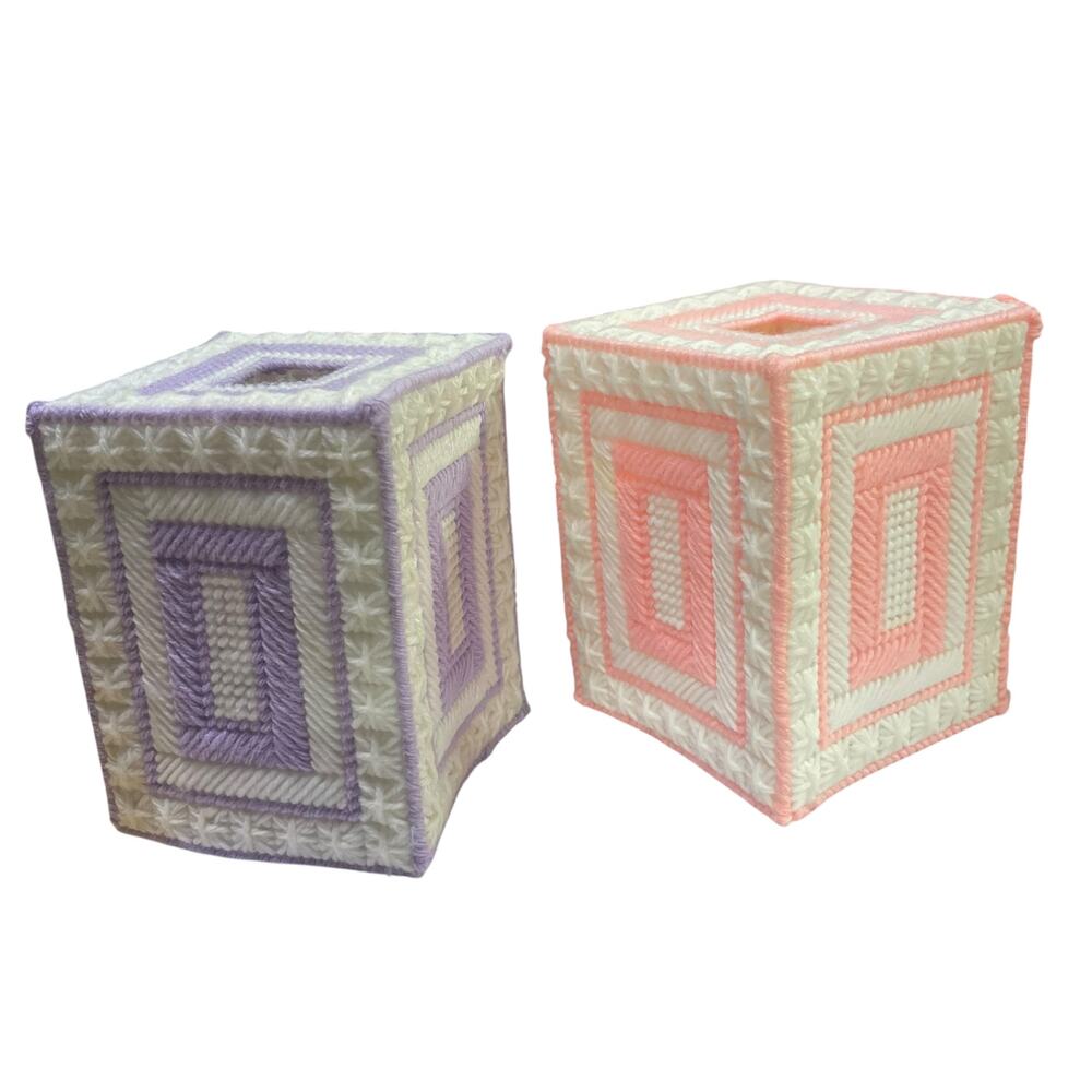 Vintage Pair Needlepoint Plastic Canvas Tissue Box Covers Pink Purple Handmade